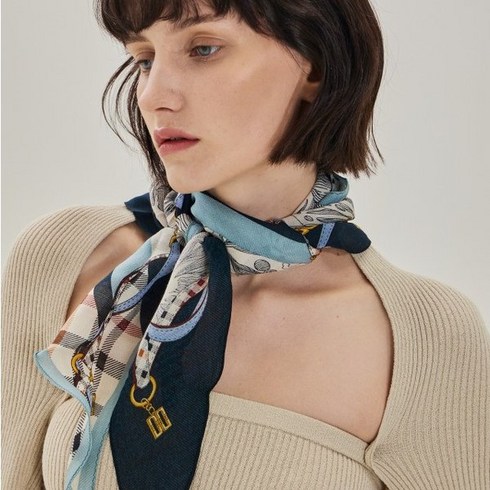 닥스 DCSC3F481N2 [WOOL SILK]네이비 체크플라워 마름모 울실크 스카프