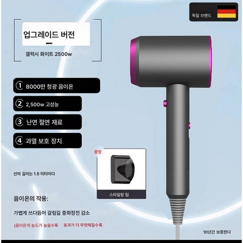 헤어드라이어 가정용 강력 고출력 대풍력 드라이어 블루라이트 음이온 헤어케어 미용실 무음, 그레이, 2500와트+콜라겐