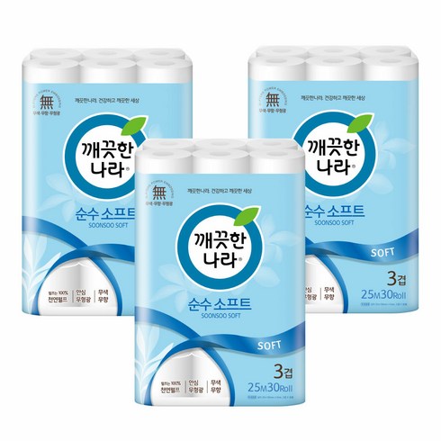 깨끗한나라 순수소프트 화장지 30롤x3팩(총 90롤) 천연펄프 (무료배송), 3개, 30개