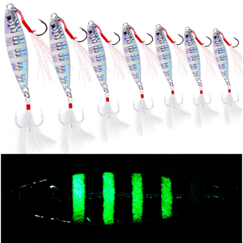 삼치메탈 - MF 실버 지브라 야광 메탈지그 5개세트 10g~60g 갈치 전용 삼치 방어 광어 우럭 농어 고등어 깃털바늘, 5개, 25g