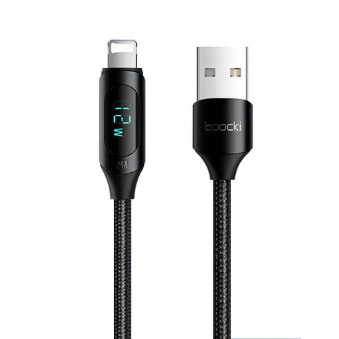 2.4A 12W 고속충전 전력표시 디지털 디스플레이 USB-A to 8핀 케이블, 1개, 블랙, 1m