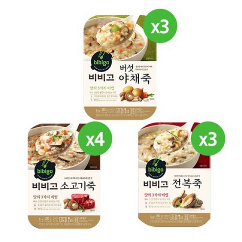 bibigo 비비고 죽 280g X 10팩 (소고기4+버섯야채3+전복3), 1세트