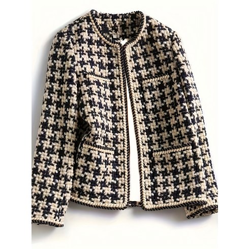 체크 무늬 패턴 재킷 우아한 크루넥 오픈 프론트 긴팔 아우터 여성 의류ZZHF856440