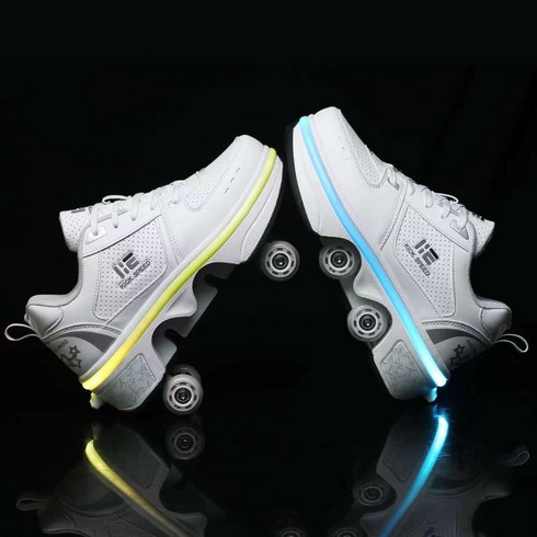 heelys - KOFUBOKE 4륜 힐리스 슈즈 변형 롤러스케이트 인비저블 휠 스니커즈 LED 개폐식 휠슈 내장, 화이트 로우컷 클래식 LED