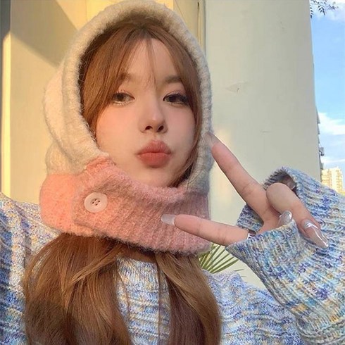 겨울 기모 방한 울 캐시미어 니트 배색 후드 바라클라바 넥워머 방한용품 목토시, 핑크