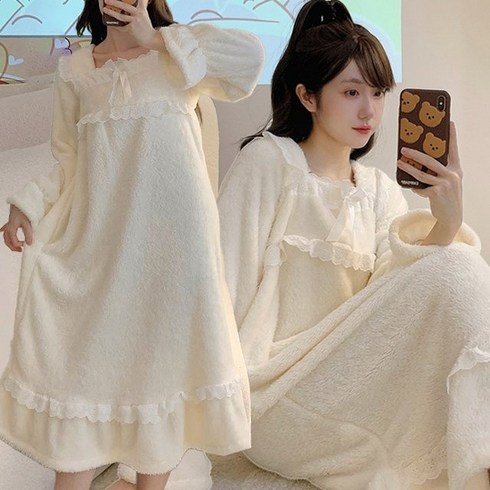 착한플리츠 오버핏 도톰 슈크림 프릴 극세사 긴팔 수면원피스
