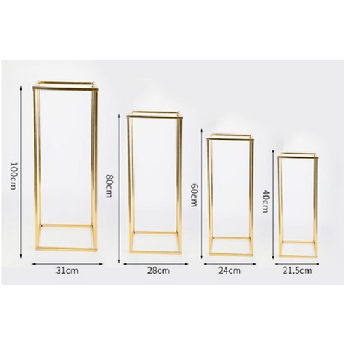 웨딩 소품 행사장 명풍 상품진열 4점세트 받침대 플라워 스탠드 기하학적 프레임 기둥 무대 장식 장식품, 도금 골드 직육면체 4피스