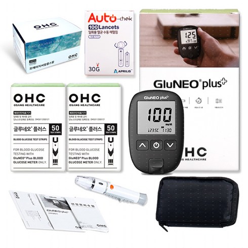오상헬스케어 글루네오 플러스 혈당측정기 + 시험지 100p + 채혈침 110p + 알콜솜 100p 세트, 1세트