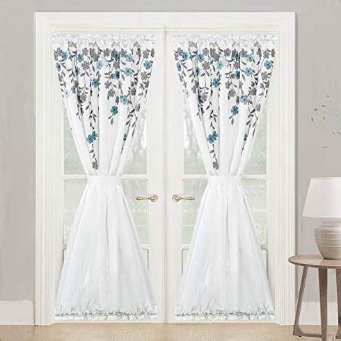 DriftAway Isabella Faux Silk Embroidered Crafted Flower Door Curtain Sidelight Rod Pocket Room Darke, 1, Ivory/Blue