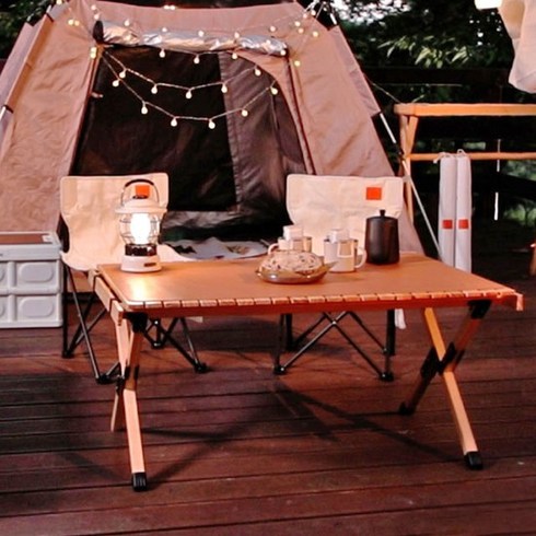 [커플세트]문캠핑 원목 롤테이블+캠핑 접이식 의자 1+1, 아이보리