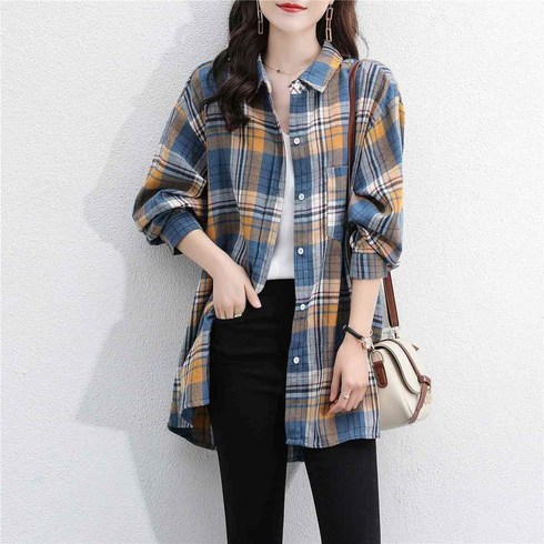 여성용 빅사이즈 남방 미디 코트 루즈핏 긴팔 체크 셔츠
