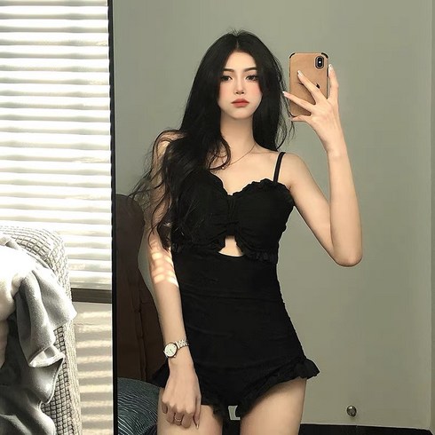 ANYOU 여성 체형커버 실내 원피스수영복 섹시 비키니 모노키니, 블랙