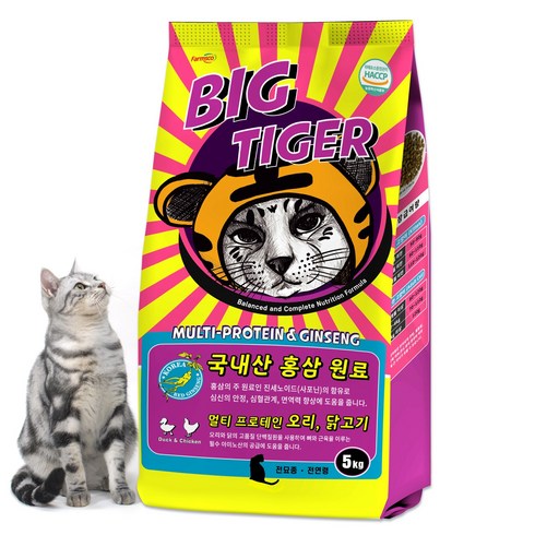 [빅타이거] 홍삼 함유 고양이사료 5KG+400G 길고양이 미니파우치10개