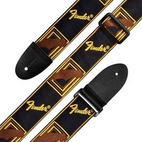 펜더스트랩 - FENDER 2 MONOGRAMMED 블랙/노랑/브라운 혼합색상 GUITAR STRAP 기타스트랩, 1개