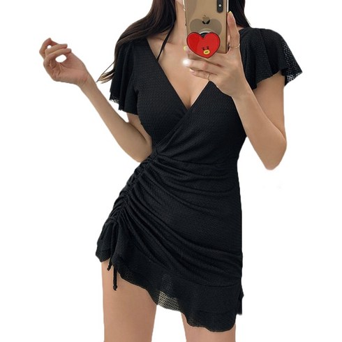 이너소울 여성용 셔링 원피스수영복 체형커버, 블랙
