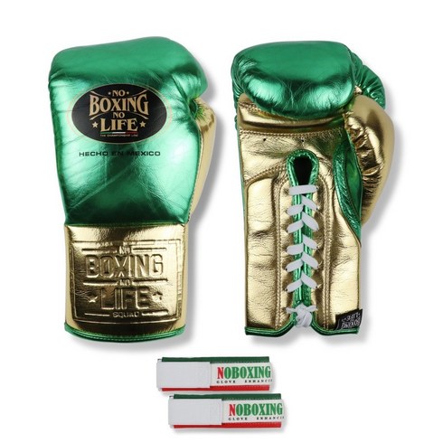 NoBoxingNoLife 소가죽 복싱 글러브 킥복싱 무에타이 격투기 권투 장갑, 8온스, 그린+골드