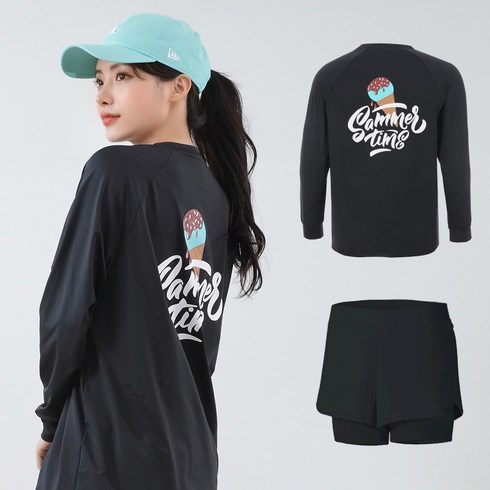2023년 가성비 최고 래쉬가드세트 - 여성 래쉬가드 세트 루즈핏 긴팔 상의 + 하의 보드숏 팬츠 (서핑 T106+B501)
