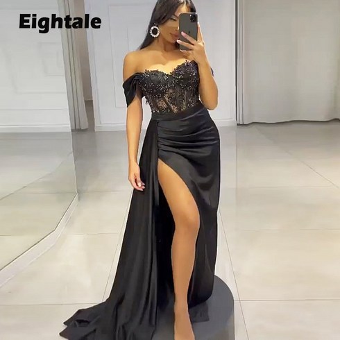 Eightale빈티지무도회드레스새틴블랙오프숄더구슬장식이브닝가운결혼식용아랍어연예인파티가운desoirée