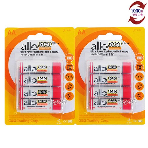 aa충전지 - ALLO 대용량 3050mAh AA 충전지 8알 장난감 도어락 시계 리모컨, 4개입, 2개