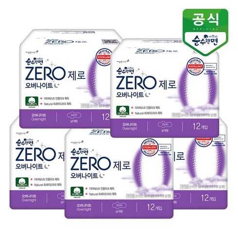 순수한면 제로 오버나이트 생리대 날개형, 패드형, 12개입, 5팩