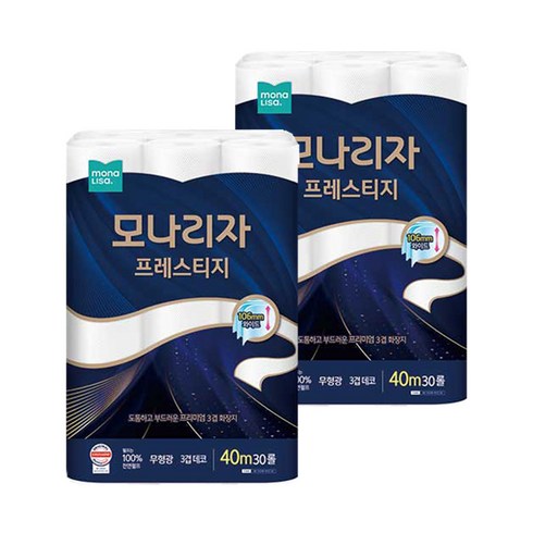 모나리자 네이처블랑 프레스티지 40m 30롤 X 2팩 고급 화장지, 30개입