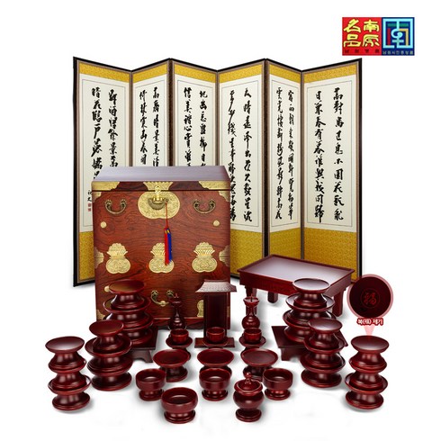 춘향골 남원목기 물푸레 복 제기 37p +오동함 (+향로상)+추사 사군자 6폭병풍, 1box, 접시18,나물접시3,술잔3,잔대3,탕기3,식혜그릇1,향로1,촛대2,어틀1,편틀1,지방틀1,오동함1,6폭병풍,향로상