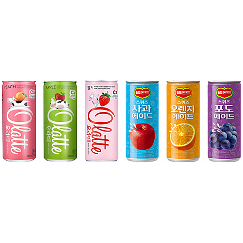 [한번에먹자] 캔음료수 240ml 과즙음료 6종 혼합세트 오라떼 피치 + 오라떼 사과 + 오라떼 딸기 + 스퀴즈 사과에이드 + 스퀴즈 오렌지에이드 + 스퀴즈 포도에이드, 1세트