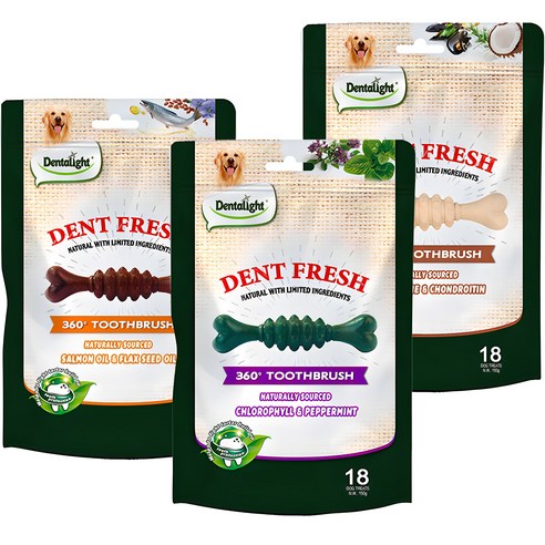  덴탈라이트 덴탈 프레쉬 360도 칫솔 강아지 덴탈껌, 입냄새 제거, 모질개선, 관절보호, 150g, 3개 