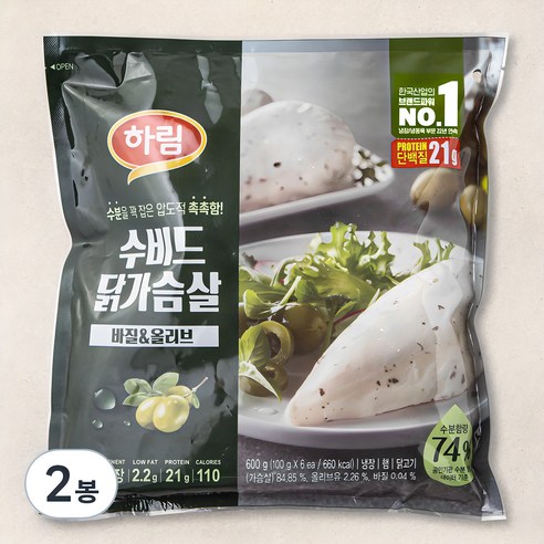 하림 수비드 닭가슴살 바질&올리브 6개입, 600g, 2봉