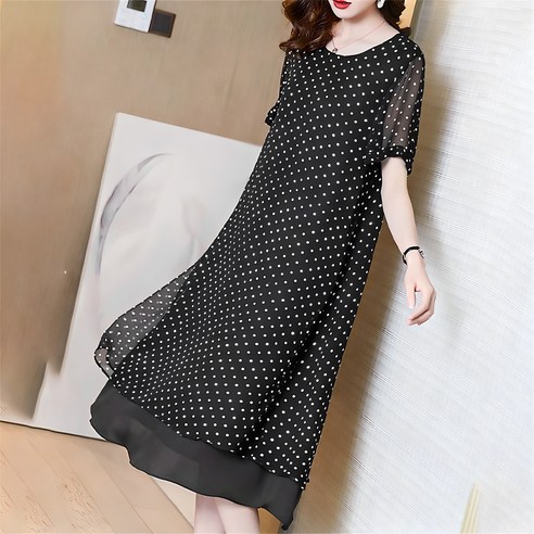 besteffie 여성원피스 봄 여름 라운드넥 루즈핏 쉬폰 도트패턴 고급 우아한 오버핏 원피스 빅사이즈 C15 쉬폰원피스