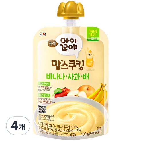 아이꼬야 유아용 맘스쿠킹 이유식 6개월부터, 바나나사과배, 100g, 4개