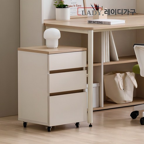 레이디가구 코튼 3단 이동식 책상 서랍장, 아이보리콤비