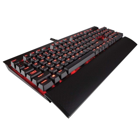 커세어 Red LED 기계식 키보드는 게이밍과 멀티미디어에 최적화되었으며, 1ms 응답속도와 탈착식 손목받침대를 특징으로 합니다.