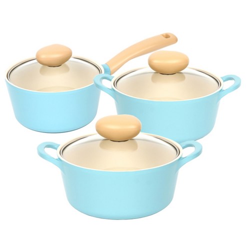 네오플램 레트로 통주물 3종 냄비세트, 민트, 편수 18cm + 양수 18cm + 양수 22cm