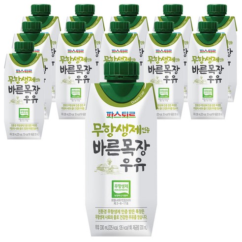 파스퇴르 무항생제 인증 바른목장 우유, 330ml, 12개