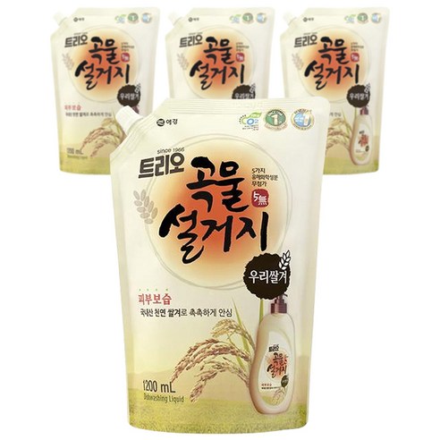 트리오 곡물설거지 우리쌀겨 주방세제 리필 1200mlx4개 천연성분포함세제, 1200ml, 4개