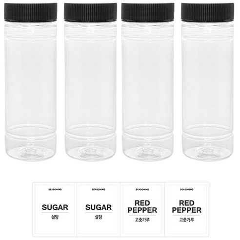 병도매닷컴 투명 원형PET양념통 검정캡 + 투명 스티커, 1세트, 양념통 140ml x 4p + 스티커 설탕 2p + 고춧가루 2p