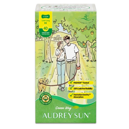 오드리선 그린웨이 유기농 순면 생리대 롱 팬티라이너, 40개입, 1팩