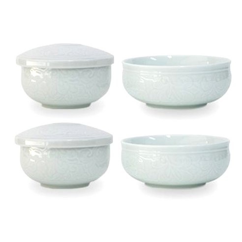 광주요 백자 음양각 목단문 단반세트, 6p (밥그릇 뚜껑 2p, 밥그릇 몸체 2p, 국그릇 2p)