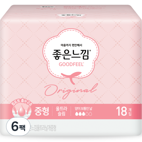 좋은느낌 오리지널 울트라슬림 생리대 날개형, 중형, 18개입, 6팩