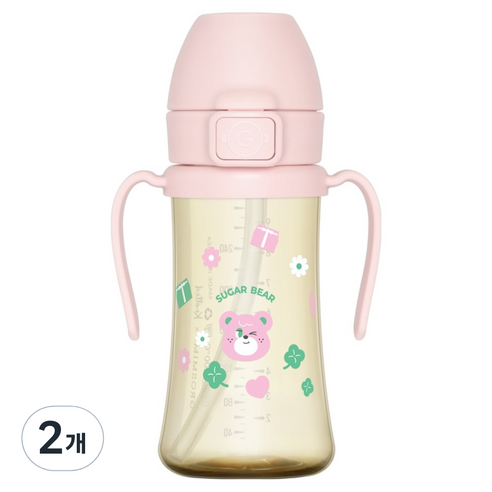 그로미미 유아용 노티드 PPSU 슈가베어 스틸프리 빨대컵 1단계 300ml, 2개, 스트로베리