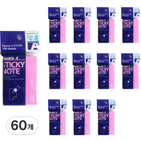 더블에이 스티키 노트 76 x 51 mm, 60개, 네온마젠타