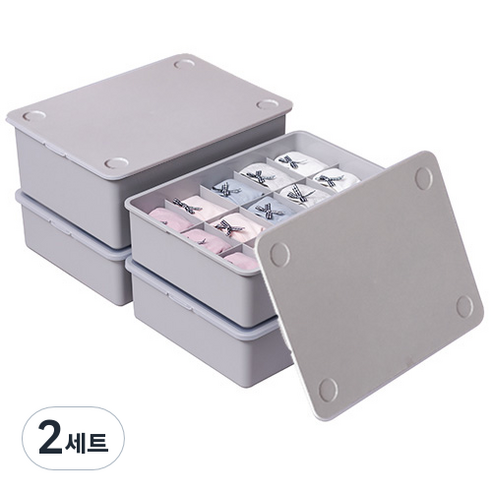 이즈리빙 플라스틱 속옷정리함 그레이 1칸 1p + 10칸 1p + 15칸 2p 세트, 그레이 + 그레이 뚜껑, 2세트