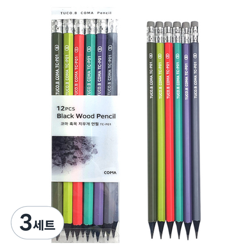 투코비 코마 흑목 지우개 연필 B 6종 x 2p 세트 TC-P01, 혼합색상, 3세트
