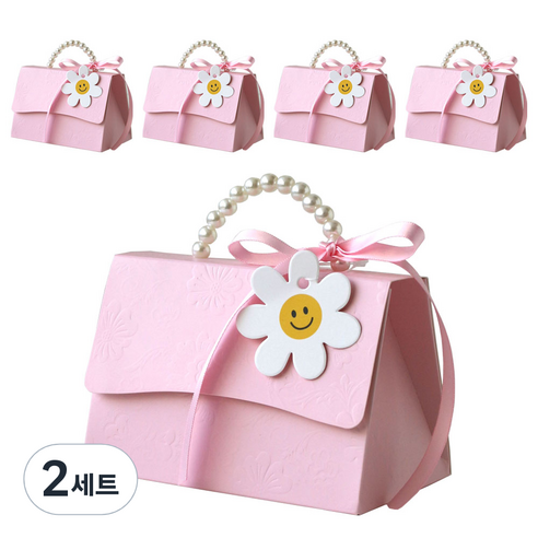 진주 손잡이 선물 박스 5p + 데이지택 5p + 리본 5p 세트, 핑크(박스, 리본), 2세트