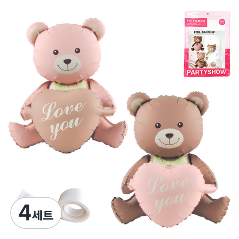 파티쇼 생일 프로포즈 곰돌이 은박 풍선 러브 하트 2p + 글루닷 접착 스티커 세트, 카라멜(곰돌이 은박 풍선), 핑크(곰돌이 은박 풍선), 4세트