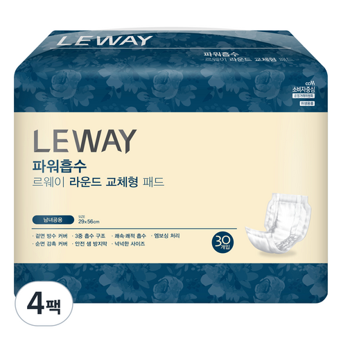 르웨이 남녀공용 파워흡수 라운드 교체형 패드, 중형, 30매입, 4개