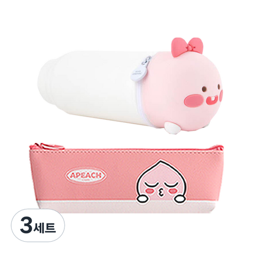 카카오프렌즈 모던 st 미니 삼각 필통 + 실리콘 필통, 필통(핑크 어피치), 실리콘 필통(리틀어피치), 3세트