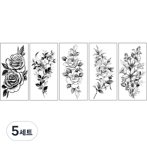 스케치 타투 장미 꽃 흑백 문신 스티커 5종 세트, BK-07, 5세트