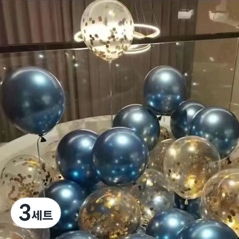 뷰라뷰 파티풍선 50p + 공기펌프 + 10m 리본 세트, 01 블루 + 골드스팽글(랜덤발송), 3세트